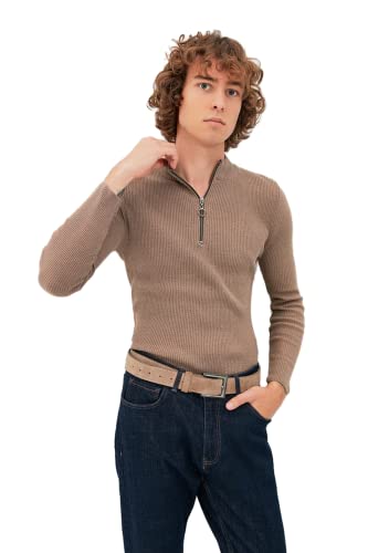 TRENDYOL Herren Stehkragen Einfarbig Slim Sweater Sweatshirt, Hellbraun, L EU von TRENDYOL