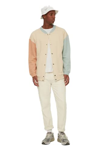 TRENDYOL Herren Bomber Collar Colorblock Regular Cardigan Pullover, Beige, L EU von TRENDYOL