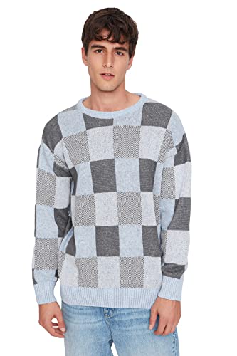 TRENDYOL Herren Crew Neck Jumper, Plaid, Oversize Sweatshirt, Blau, L EU von TRENDYOL