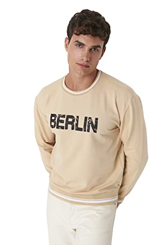 Trendyol Herren Relaxed Rundhalsausschnitt und Slogan Sweatshirt, beige, S von TRENDYOL