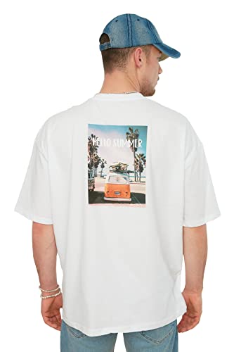 TRENDYOL Herren Herren Kurzarm Printed Oversize Tshirt T Shirt, Weiß, S EU von TRENDYOL