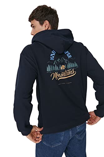 Trendyol Herren Kapuze mit Slogan, reguläres Sweatshirt, Marineblau, L von TRENDYOL