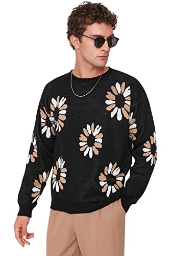 Trendyol Herren Oversize Pullover mit Rundhalsausschnitt und Blumenmuster Sweatshirt, Schwarz, X-Large von TRENDYOL