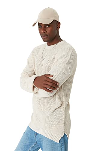 TRENDYOL Herren Pullover mit Rundhalsausschnitt, Einfarbig, Oversize Sweatshirt, Beige, M EU von TRENDYOL