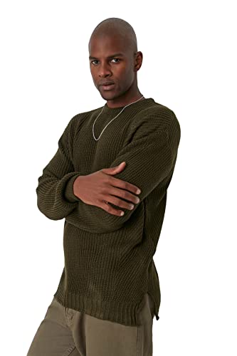 Trendyol Herren Pullover mit Rundhalsausschnitt, einfarbig, Oversize Sweatshirt, Khaki, M von TRENDYOL