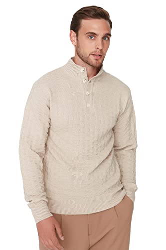 TRENDYOL Herren Pullover mit Mandarin-Kragen, Einfarbig Sweatshirt, Beige, L von TRENDYOL