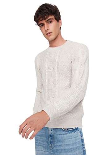 TRENDYOL Herren Pullover mit Rundhalsausschnitt, Einfarbig Sweatshirt, Greige, S EU von TRENDYOL