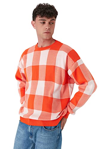 TRENDYOL Herren Pullover mit Rundhalsausschnitt, Kariert, Oversize Sweatshirt, Orange, L EU von TRENDYOL