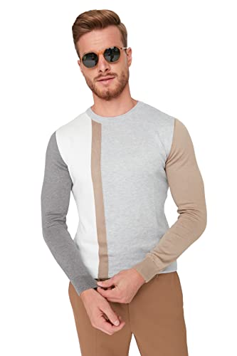 Trendyol Herren Colorblock Slim Sweater mit Rundhalsausschnitt Sweatshirt, grau, L von TRENDYOL