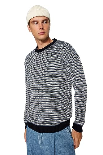 Trendyol Herren Gestreifter Pullover mit Rundhalsausschnitt Sweatshirt, Marineblau, L von TRENDYOL