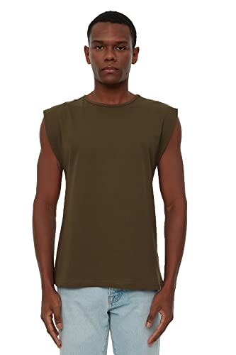 TRENDYOL Herren Männer Basic Regelmäßige Fit 100% Baumwolle Runder Kragen Zero Hülse Athlet T-Shirt, Khaki, S von TRENDYOL