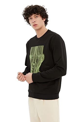 TRENDYOL Herren Rundhalsausschnitt, Abstraktes Regular Sweatshirt, Schwarz, L von TRENDYOL