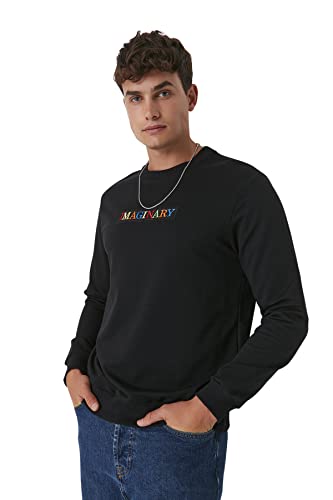 Trendyol Herren Rundhalsausschnitt und Slogan Regular Sweatshirt, Schwarz, L von TRENDYOL