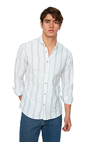 TRENDYOL Herren Slim Fit Button Collar White Men Thin Striped New Shirt, Weiß, M EU von TRENDYOL