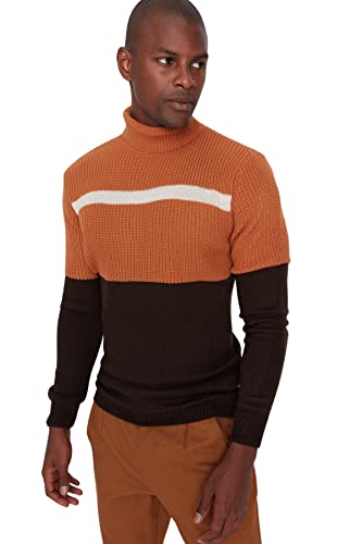 TRENDYOL Herren Gestreifter Schmaler Pullover mit Rundhalsausschnitt Sweatshirt Casual, Camel, L von TRENDYOL