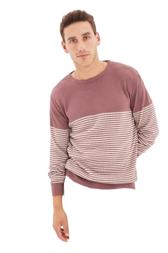 TRENDYOL Herren Gestreifter Schmaler Pullover mit Rundhalsausschnitt Sweatshirt Casual, Getrocknete Rose, M von TRENDYOL