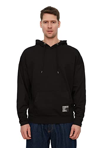 TRENDYOL Herren Trendyol Men's Oversized Long Sleeve Label Applique Basic Hooded Sweatshirt, Schwarz, S EU von TRENDYOL