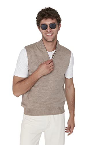 TRENDYOL Herren V-ausschnitt Unifarben Regular Strickweste Sweater, Hellbraun, L EU von TRENDYOL