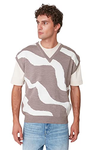 TRENDYOL Herren V-neck Colorblock Fitted Vest Sweater, Braun, S EU von TRENDYOL