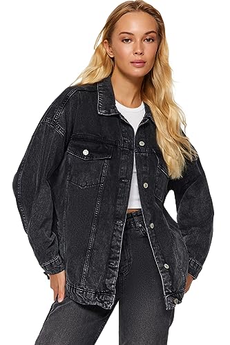 TRENDYOL Damen Trendyol Damen Oversize Standard Plain Denim Jacke Coat, Schwarz, XS EU von TRENDYOL