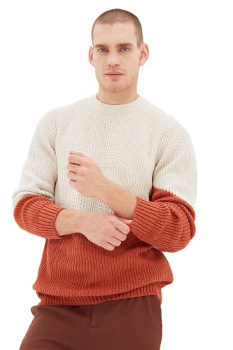 TRENDYOL MAN Herren Colorblock Slim Sweater mit Rundhalsausschnitt Sweatshirt, Camel, S EU von TRENDYOL