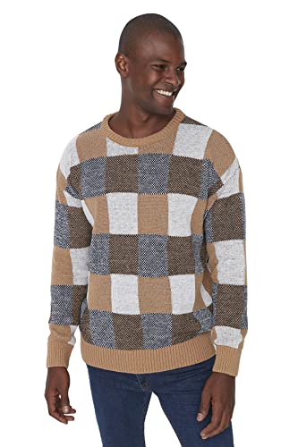 TRENDYOL MAN Herren Crew Neck Plaid Oversize Sweater Sweatshirt, Camel, S EU von TRENDYOL