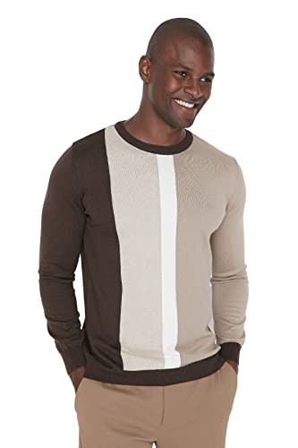 TRENDYOL MAN Herren Crew Neck With Slogan Regular Sweater Sweatshirt, Brown, S EU von TRENDYOL