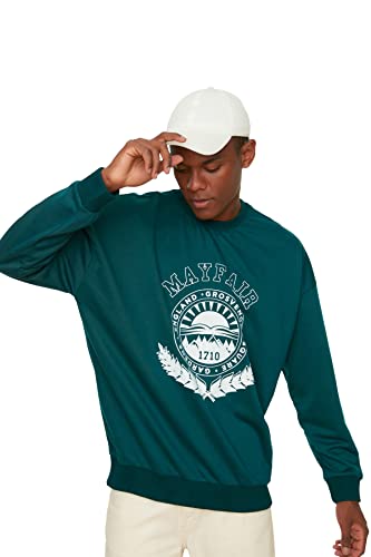 TRENDYOL MAN Herren Emerald Green Men's Oversized Cycling Collar Long Sleeve Printed Sweatshirt, Emerald Green, XS EU von TRENDYOL