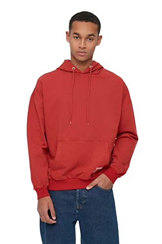 TRENDYOL MAN Herren Trendyol Men's Oversized Long Sleeve Label Applique Basic Hooded Sweatshirt, Cinnamon, S EU von TRENDYOL