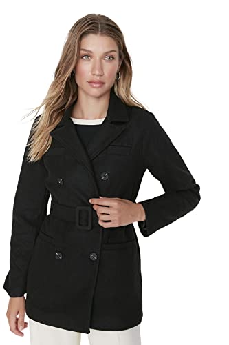 TRENDYOL Damen Trendyol Damen Regular Wickelschnitt Plain Webstoff Mantel Coat, Schwarz, 36 EU von TRENDYOL