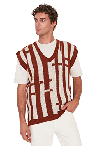 Trendyol Men's V Neck Striped Oversize Vest Sweater, Tile Red, L von TRENDYOL