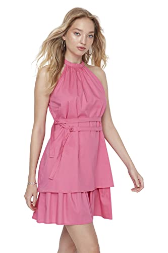 TRENDYOL Damen Mini Ruffle Hem Regular Dress Kleid, Rosa, s von TRENDYOL