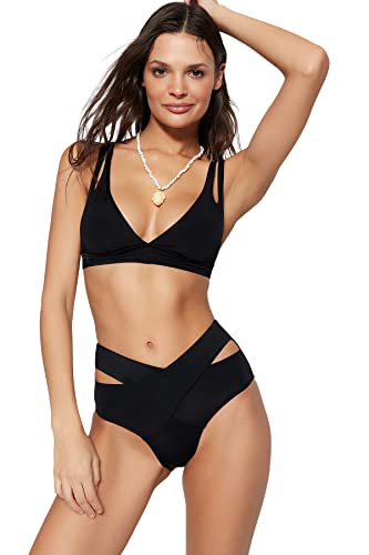 TRENDYOL Damen Ausschnitt Detaillierter Hoher Taillenbikini Sechs Bikini Bottoms, Schwarz, 42 EU von TRENDYOL