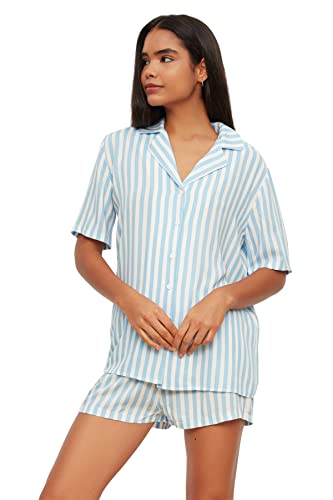 TRENDYOL Damen Blaues Gestreiftes Gewebte Pyjamas-team Pajama Set, Blau, 36 EU von TRENDYOL