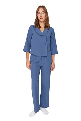 TRENDYOL Damen Trendyol Women's Plain Middle Woven Fabric Shirt Trousers Pyjamas Pajama Set, Marineblau, 40 EU von TRENDYOL