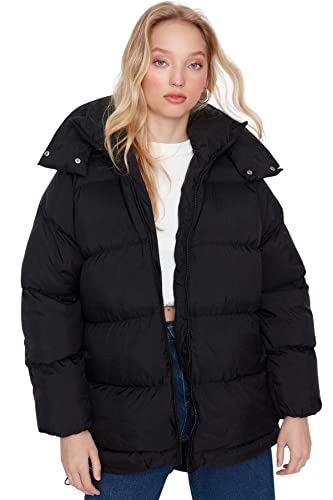 Trendyol Damen Oversize Puffer Plain Webstoff Winterjacke Coat, Black, S von TRENDYOL