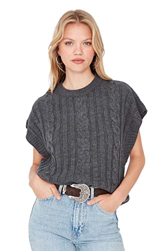 TRENDYOL Damen Crew Neck Ajouré Regular Vest Sweater, Anthrazit, S EU von TRENDYOL