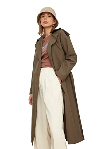 TRENDYOL Damen Trendyol - Bælte lejlighed detaljeret over lang trenchcoat Trench Coat, Khaki, 36 EU von TRENDYOL