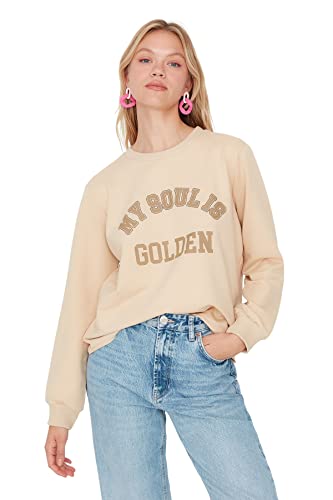 Trendyol Women's Crew Neck Plain Regular Sweatshirt, Beige, S von TRENDYOL