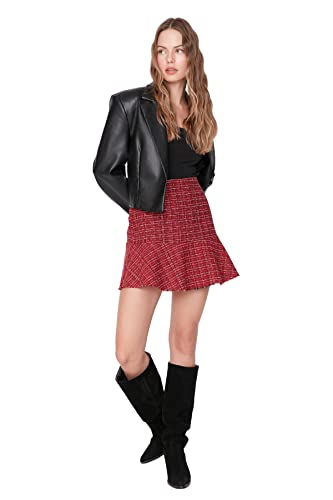 TRENDYOL Women's Damen Mini Gerüschter Saum Webstoff Rock Skirt, Rot, 42 von TRENDYOL