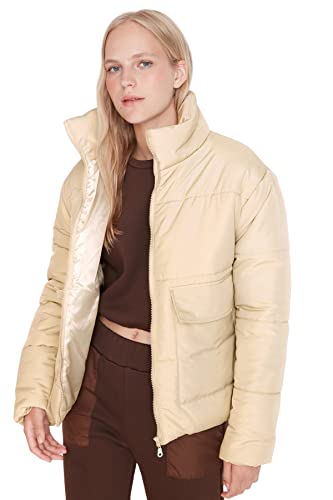 Trendyol Women's Damen Oversize Puffer Plain Webstoff Winterjacke Coat, Beige, L von TRENDYOL