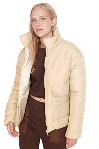 Trendyol Women's Damen Oversize Puffer Plain Webstoff Winterjacke Coat, Beige, XS von TRENDYOL