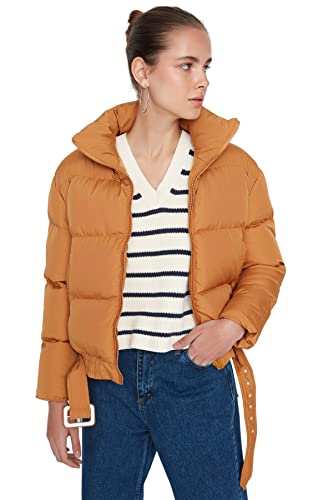 Trendyol Women's Damen Oversize Puffer Plain Webstoff Winterjacke Coat, Brown, S von TRENDYOL