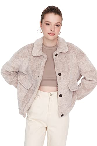 Trendyol Women's Damen Oversize Standard Plain Webstoff Winterjacke Coat, Mink Color, L von TRENDYOL