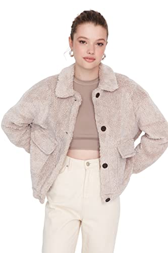 Trendyol Women's Damen Oversize Standard Plain Webstoff Winterjacke Coat, Mink Color, M von TRENDYOL