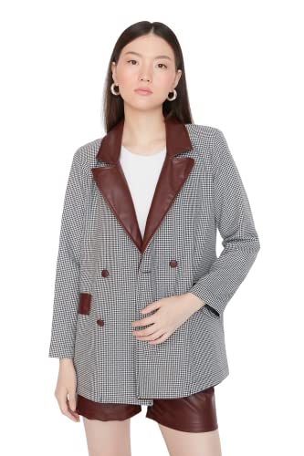 TRENDYOL Women's Damen Regular Zweireihig Plaid Webstoff Blazer Coat, Burgundy, 38 von TRENDYOL