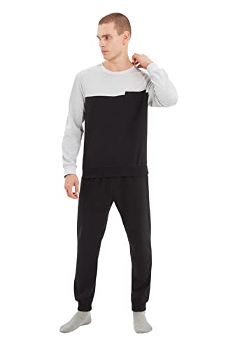 TRENDYOL Damen Herren Colorblock Webstoff Pulli-Hose Pyjama Pajama Set, Gray/Black, S von TRENDYOL