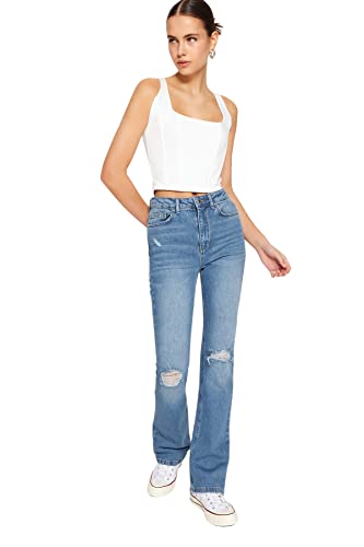 TRENDYOL Damen Herren Hoher Bund Flared Jeans, Blau, 34 von TRENDYOL