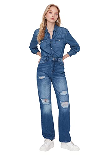 Trendyol Women's Herren Hoher Bund Weites Bein der 90er Jeans, Navy Blue, 38 von TRENDYOL