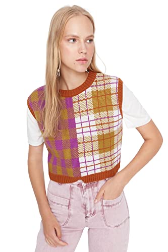 Trendyol Women's Rundhalsausschnitt Colorblock Figurbetont Strickweste Sweater, Tile Red, S von TRENDYOL